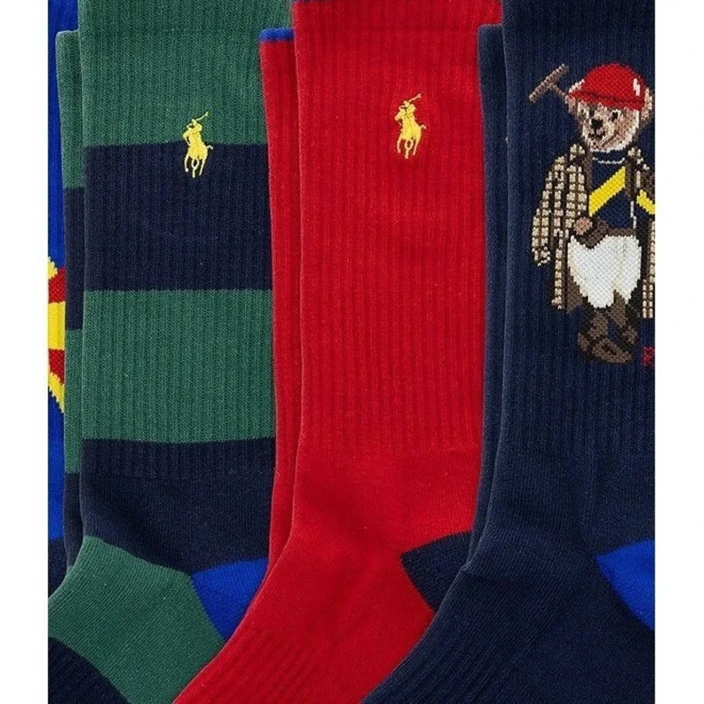 Polo Ralph Lauren Mens 6-Pack Crew Socks Polo Bear Rugby Stripe Multi Color XL